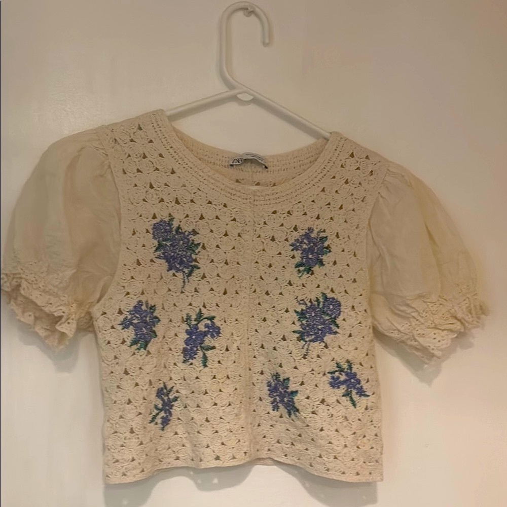Women’s Cream Crochet Top with Blue Floral Design, Zara, size4